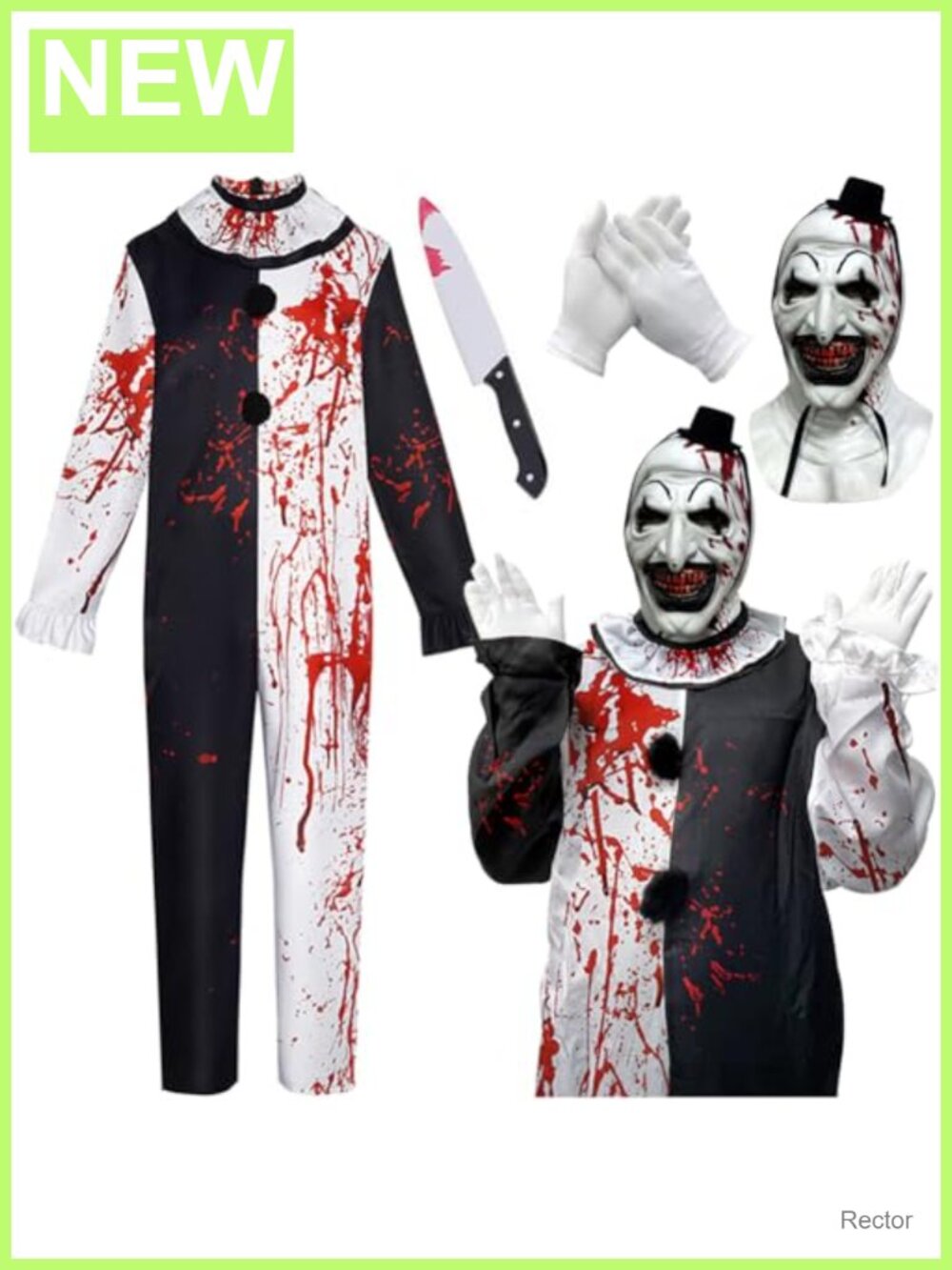 Clown Cosplay Costume Men Jumpsuit Mask Scarf Gloves Polyester Set